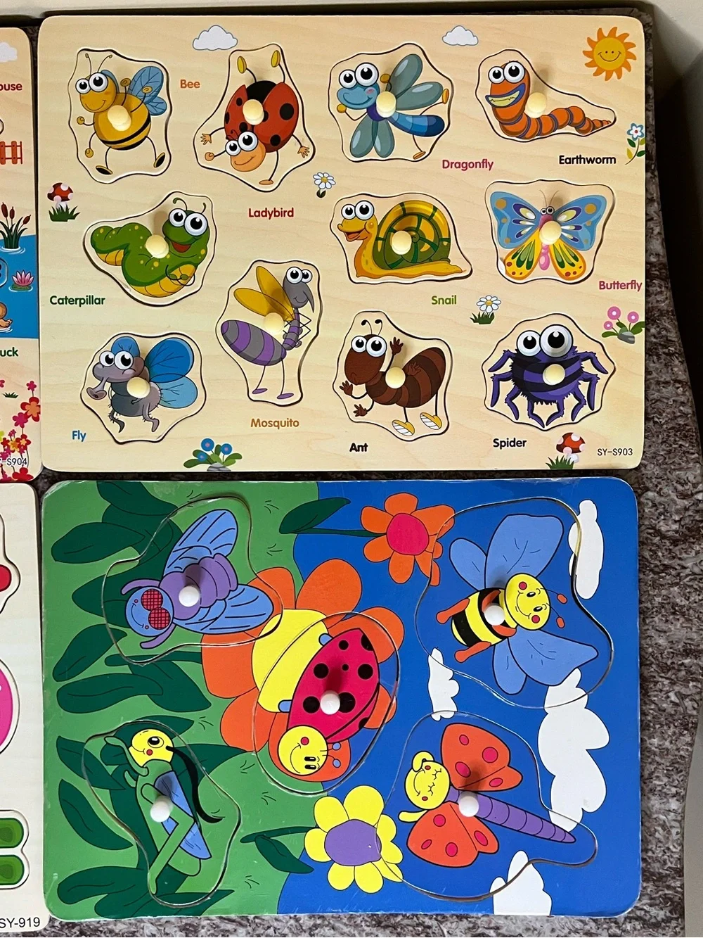 6 Children’s peg puzzles of Bugs, Farm Animals, Zoo Animals, ABC’s & Number’s